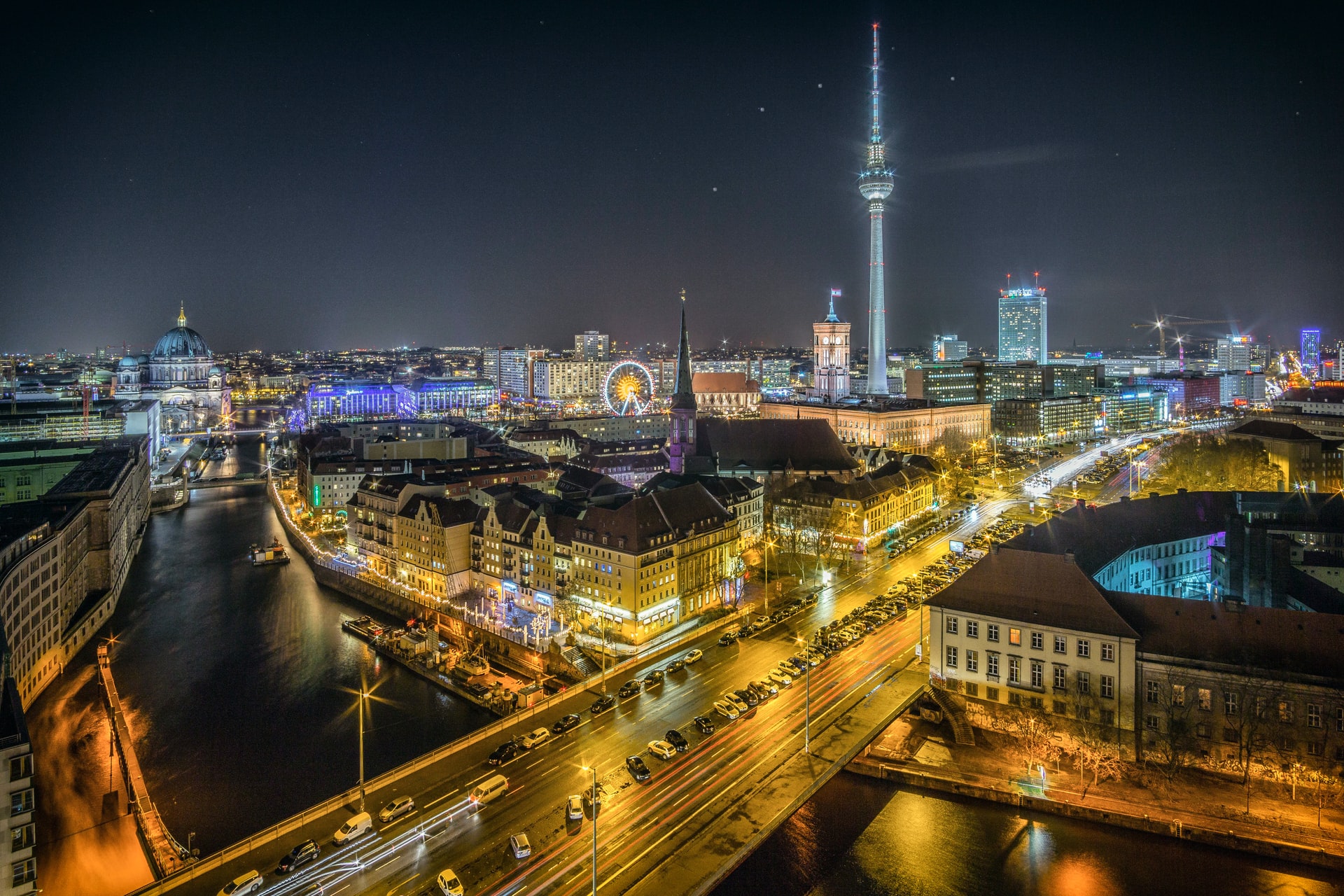 Birds eye view of European town at night