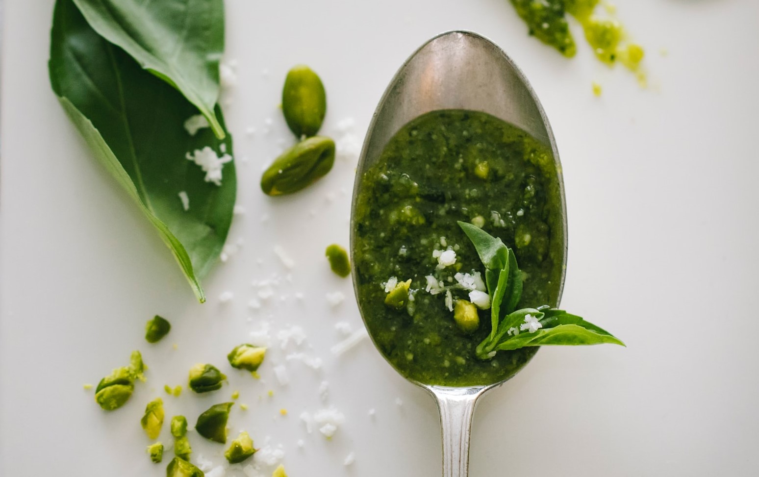 pesto on a silver spoon