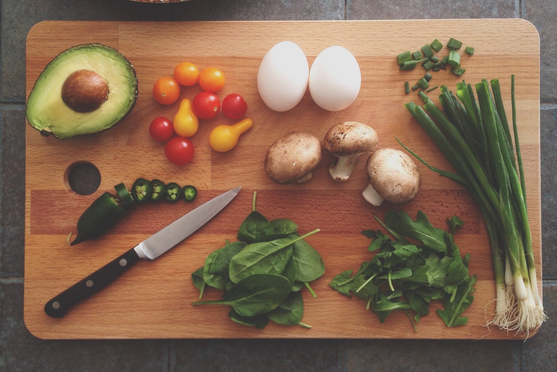 fruity and veg on wooden board